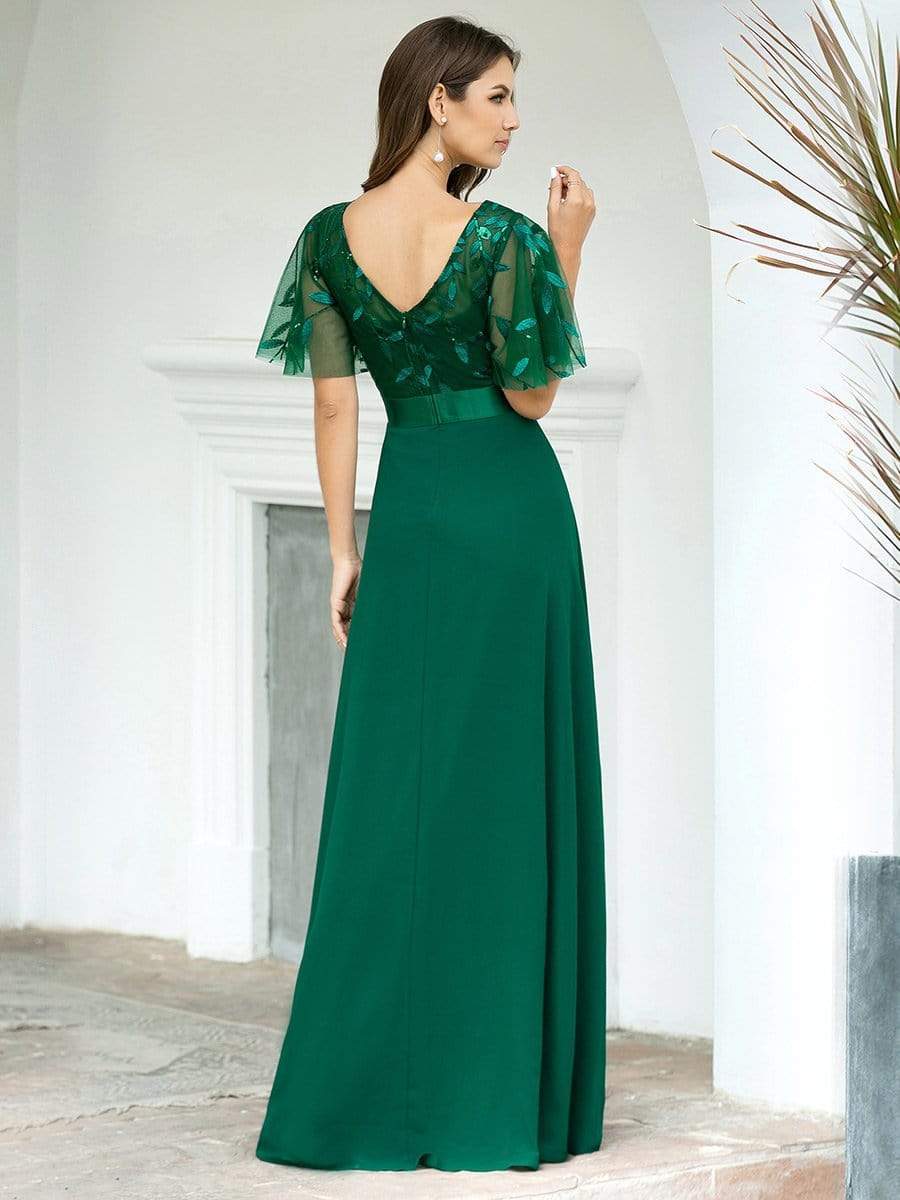 Color=Dark Green | Romantic Round Neck Ruffle Sleeves Chiffon & Sequin Prom Dress-Dark Green 2 Color=Dark Green | Romantic Round Neck Ruffle Sleeves Chiffon & Sequin Prom Dress-Dark Green 2