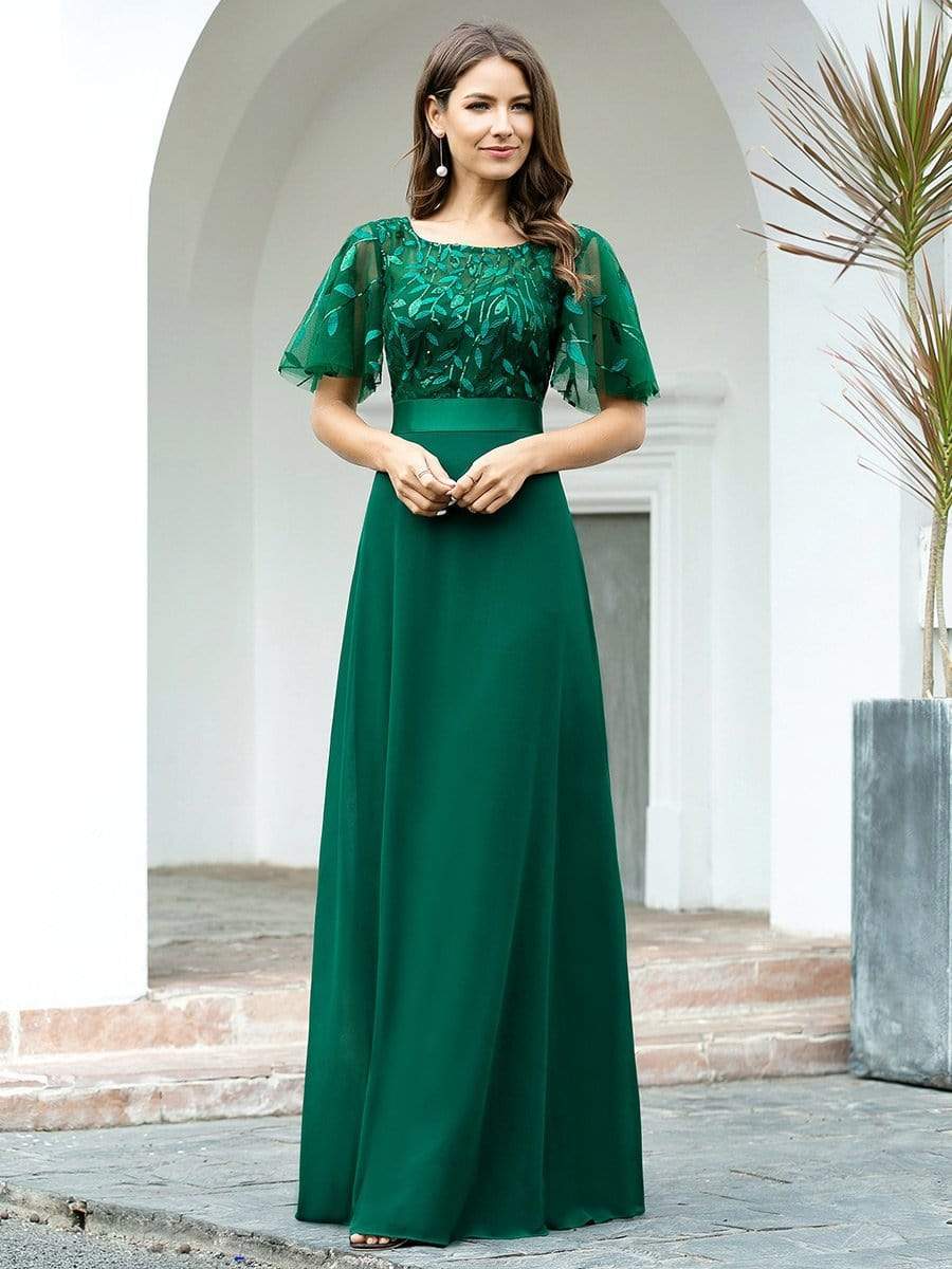 Color=Dark Green | Romantic Round Neck Ruffle Sleeves Chiffon & Sequin Prom Dress-Dark Green 1 Color=Dark Green | Romantic Round Neck Ruffle Sleeves Chiffon & Sequin Prom Dress-Dark Green 1