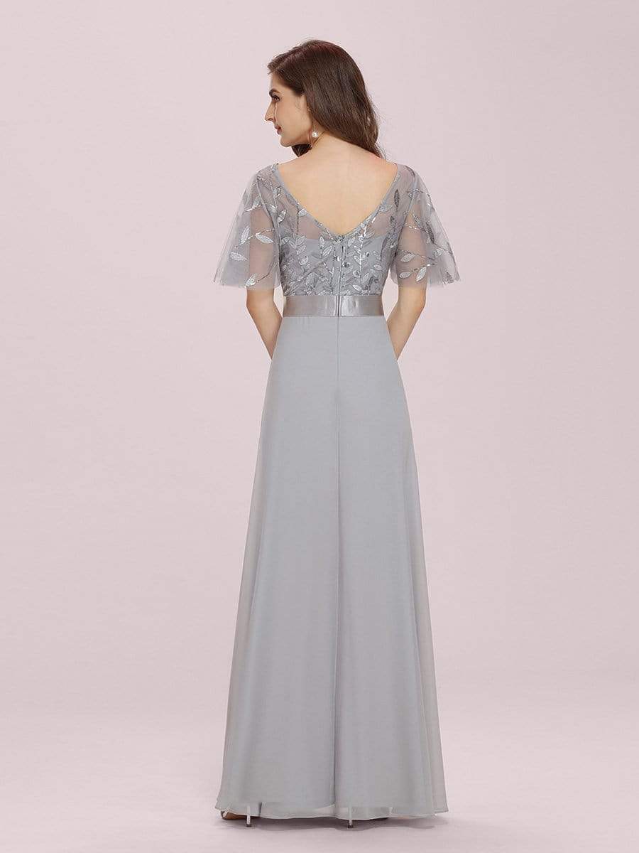 Color=Grey | Romantic Round Neck Ruffle Sleeves Chiffon & Sequin Prom Dress-Grey 2 Color=Grey | Romantic Round Neck Ruffle Sleeves Chiffon & Sequin Prom Dress-Grey 2
