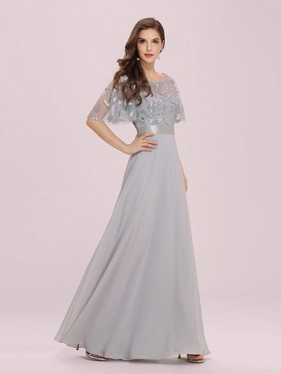 Color=Grey | Romantic Round Neck Ruffle Sleeves Chiffon & Sequin Prom Dress-Grey 3 Color=Grey | Romantic Round Neck Ruffle Sleeves Chiffon & Sequin Prom Dress-Grey 3