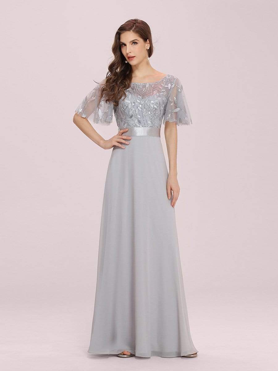 Color=Grey | Romantic Round Neck Ruffle Sleeves Chiffon & Sequin Prom Dress-Grey 4 Color=Grey | Romantic Round Neck Ruffle Sleeves Chiffon & Sequin Prom Dress-Grey 4