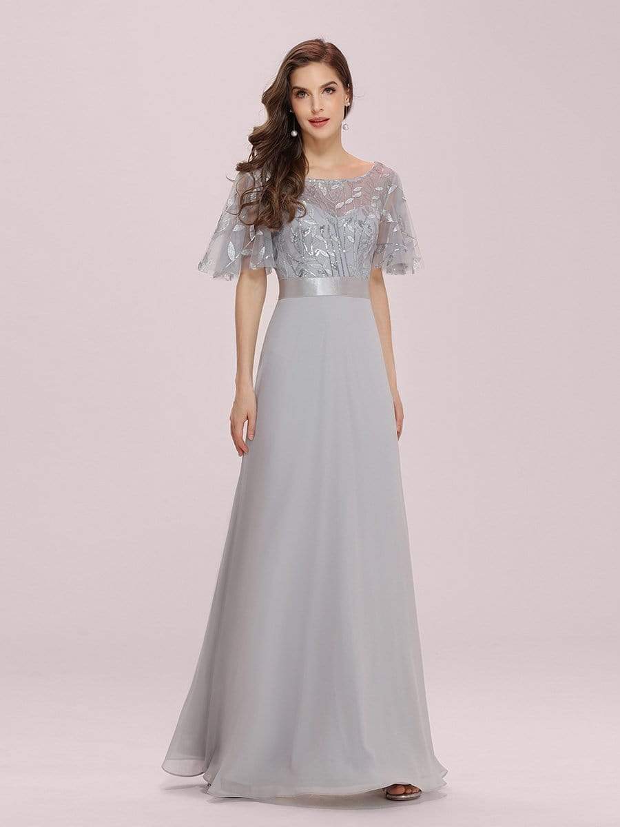 Color=Grey | Romantic Round Neck Ruffle Sleeves Chiffon & Sequin Prom Dress-Grey 1 Color=Grey | Romantic Round Neck Ruffle Sleeves Chiffon & Sequin Prom Dress-Grey 1
