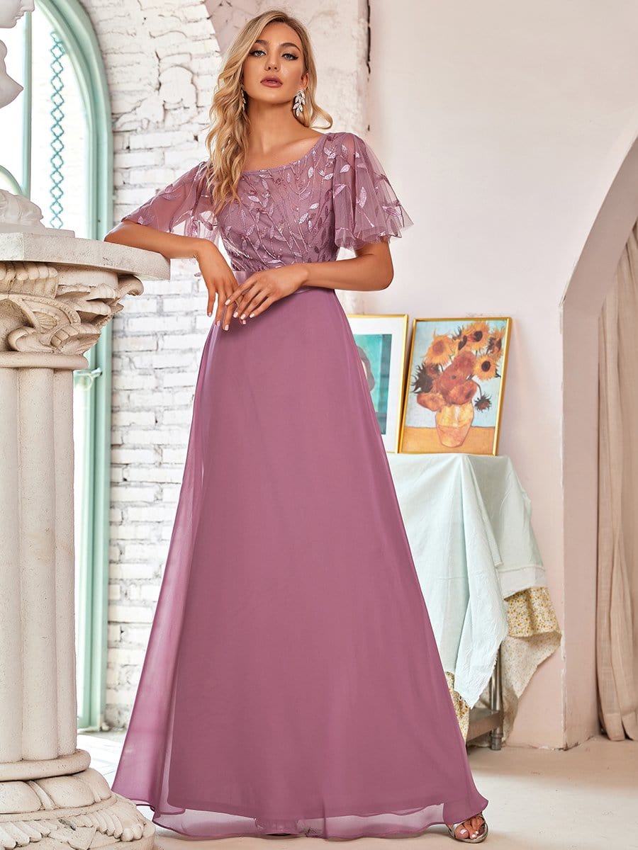 Color=Purple Orchid | Romantic Round Neck Ruffle Sleeves Chiffon & Sequin Prom Dress-Purple Orchid 4 Color=Purple Orchid | Romantic Round Neck Ruffle Sleeves Chiffon & Sequin Prom Dress-Purple Orchid 4