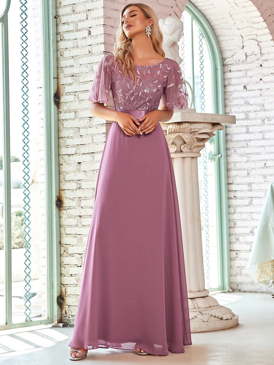 Color=Purple Orchid | Romantic Round Neck Ruffle Sleeves Chiffon & Sequin Prom Dress-Purple Orchid 5 Color=Purple Orchid | Romantic Round Neck Ruffle Sleeves Chiffon & Sequin Prom Dress-Purple Orchid 5