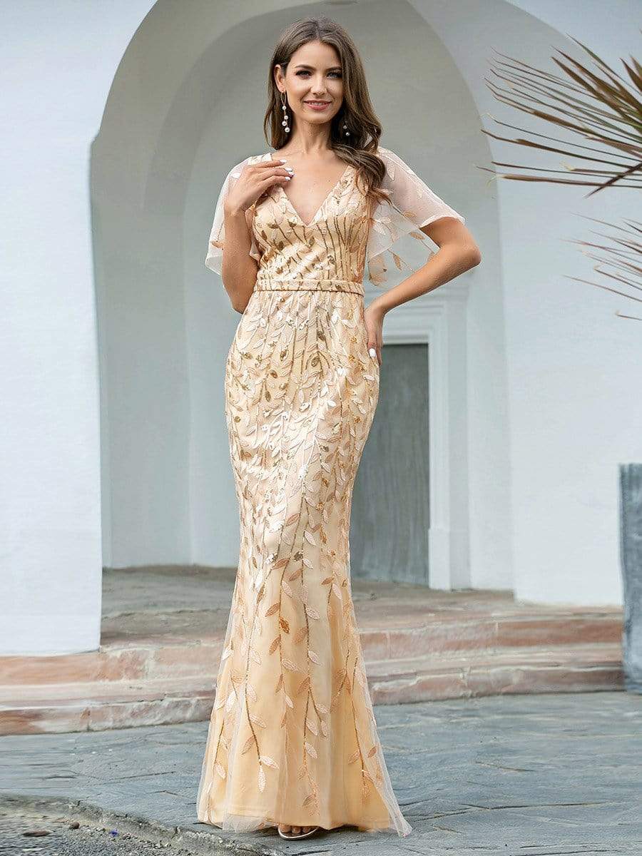 Color=Gold | Gorgeous V Neck Leaf-Sequined Fishtail Party Dress-Gold 3 Color=Gold | Gorgeous V Neck Leaf-Sequined Fishtail Party Dress-Gold 3