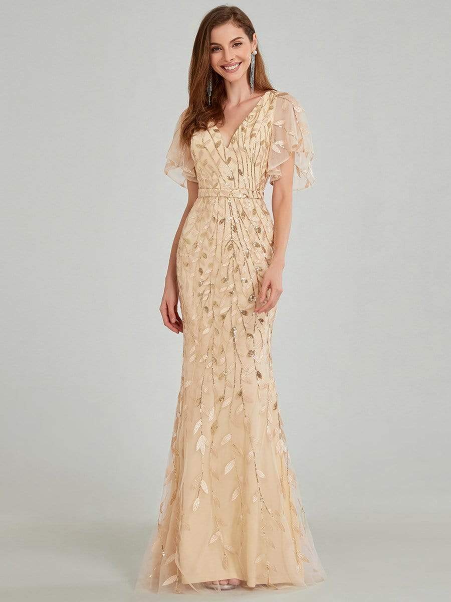 Color=Gold | Gorgeous V Neck Leaf-Sequined Fishtail Party Dress-Gold 6 Color=Gold | Gorgeous V Neck Leaf-Sequined Fishtail Party Dress-Gold 6