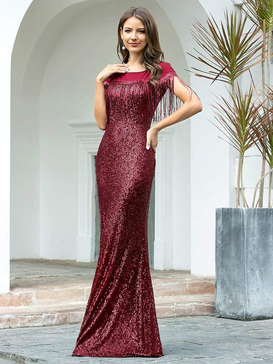 Color=Burgundy | Women'S Sexy Fishtail Sequin Evening Dress With Tassels-Burgundy 4 Color=Burgundy | Women'S Sexy Fishtail Sequin Evening Dress With Tassels-Burgundy 4