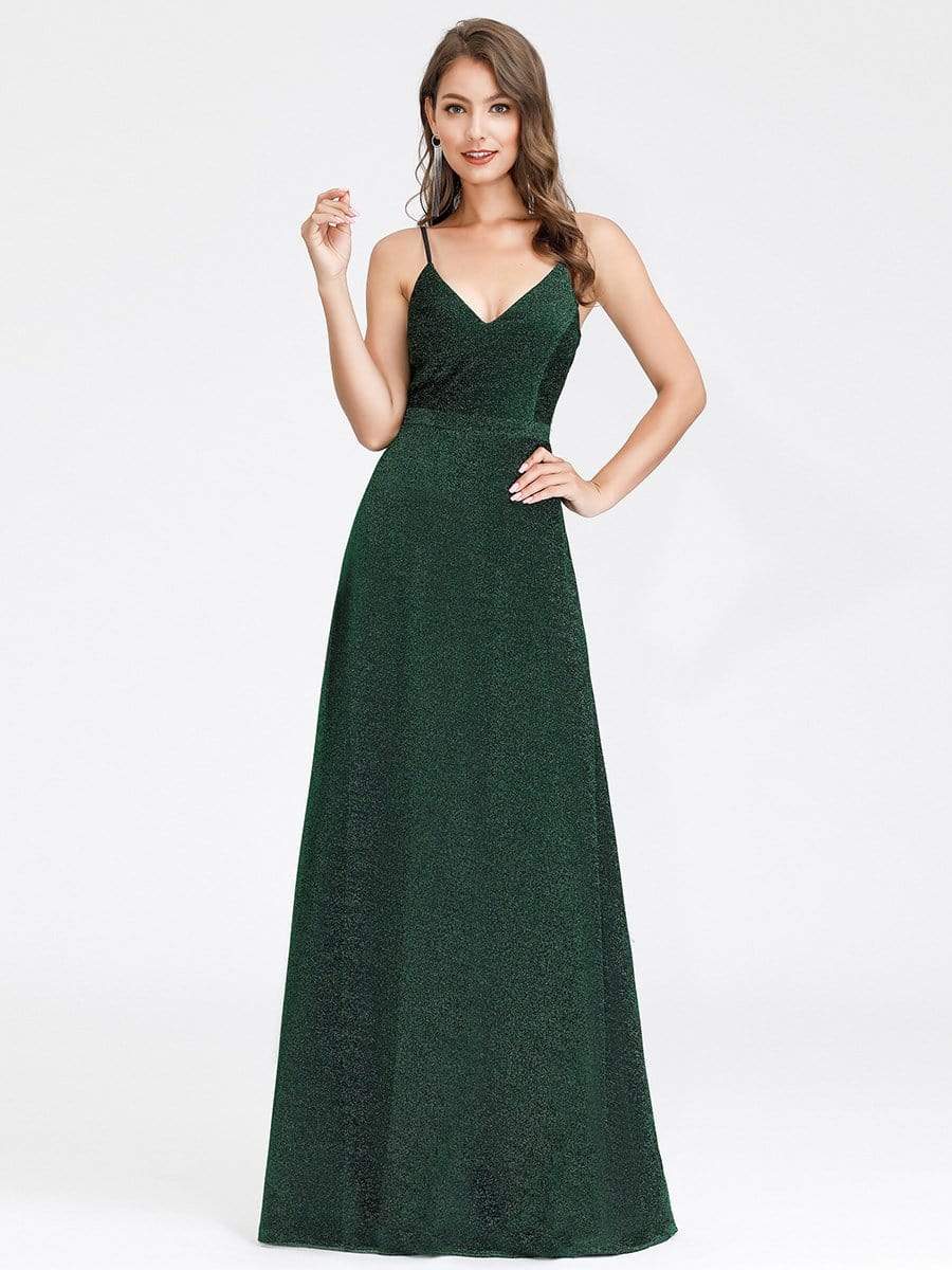 Color=Dark Green | Women'S V-Neck Spaghetti Straps Stretchy Evening Dress-Dark Green 1 Color=Dark Green | Women'S V-Neck Spaghetti Straps Stretchy Evening Dress-Dark Green 1