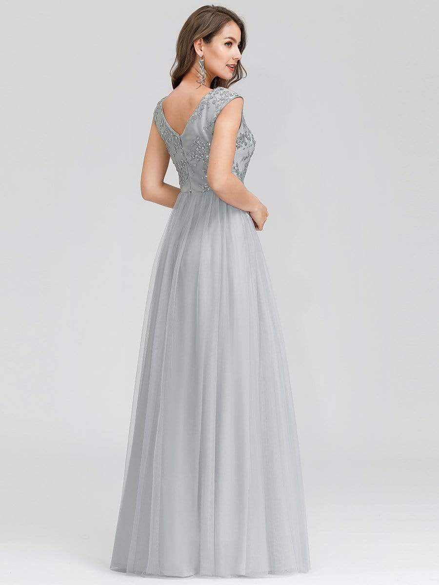 Color=Grey | Women'S Fashion Double V-Neck Evening Dress-Grey 2 Color=Grey | Women'S Fashion Double V-Neck Evening Dress-Grey 2