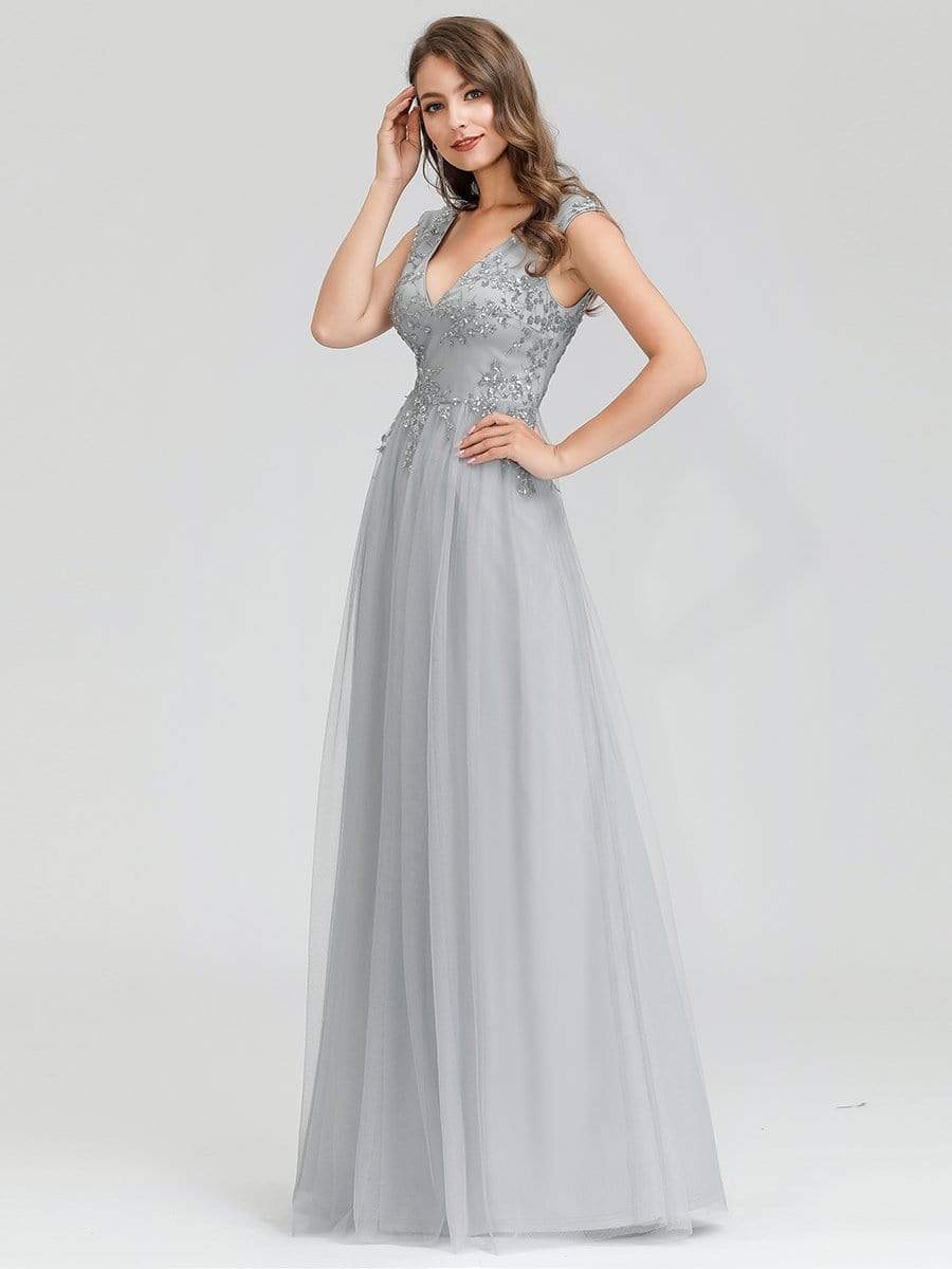 Color=Grey | Women'S Fashion Double V-Neck Evening Dress-Grey 4 Color=Grey | Women'S Fashion Double V-Neck Evening Dress-Grey 4