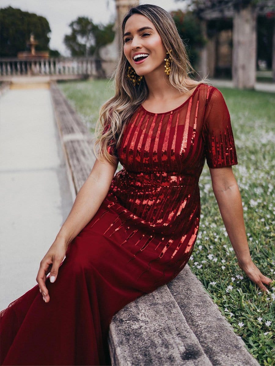 Color=Burgundy | Women'S Fashion Round Neckline Floor Length Evening Dress-Burgundy 3 Color=Burgundy | Women'S Fashion Round Neckline Floor Length Evening Dress-Burgundy 3