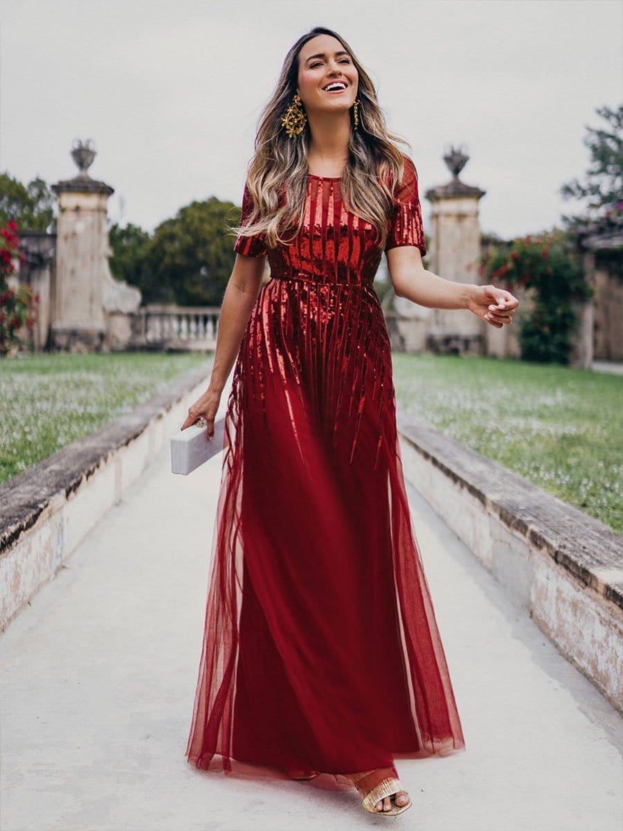 Color=Burgundy | Women'S Fashion Round Neckline Floor Length Evening Dress-Burgundy 1 Color=Burgundy | Women'S Fashion Round Neckline Floor Length Evening Dress-Burgundy 1