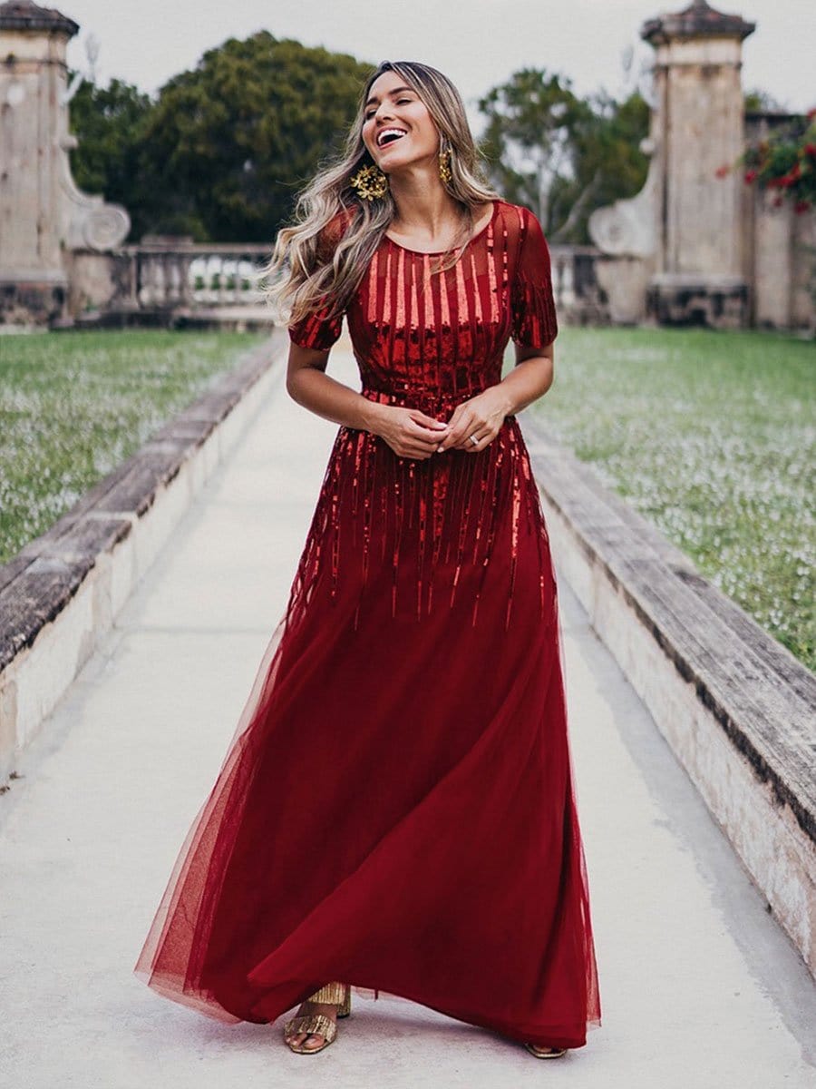 Color=Burgundy | Women'S Fashion Round Neckline Floor Length Evening Dress-Burgundy 2 Color=Burgundy | Women'S Fashion Round Neckline Floor Length Evening Dress-Burgundy 2