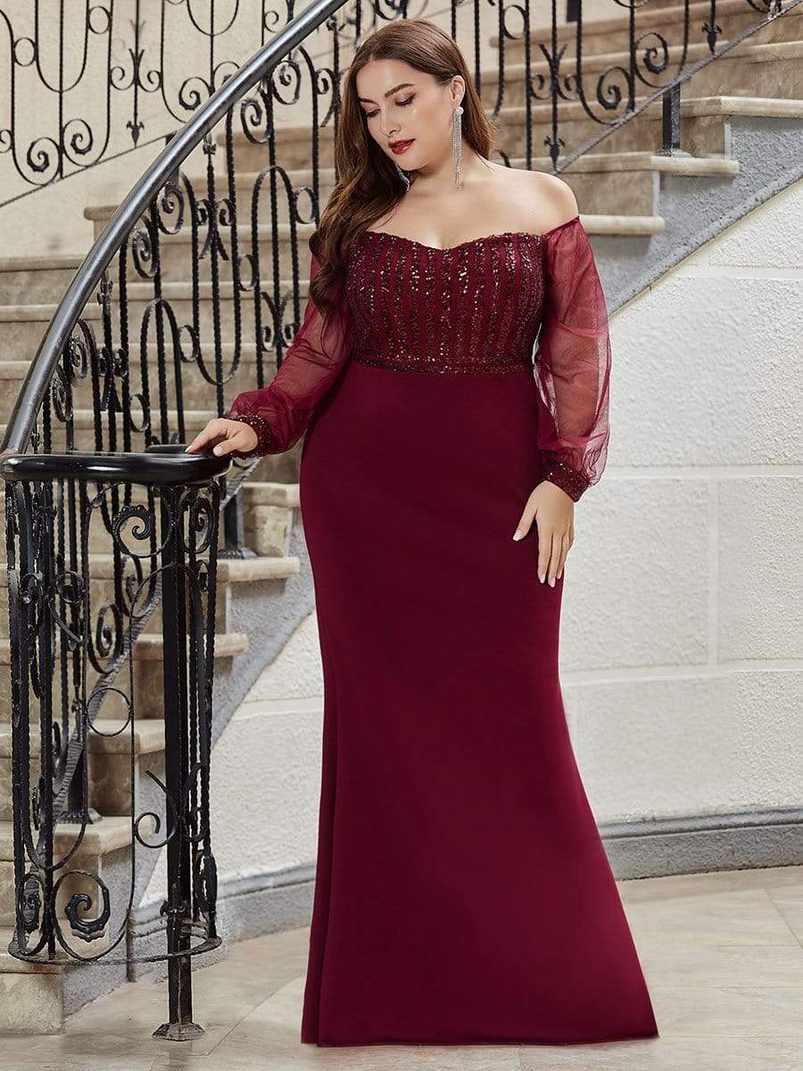 Color=Burgundy | Elegant Plus Size Fishtail Evening Dress with Sequin-Burgundy 3 Color=Burgundy | Elegant Plus Size Fishtail Evening Dress with Sequin-Burgundy 3