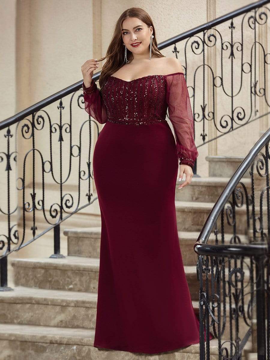 Color=Burgundy | Elegant Plus Size Fishtail Evening Dress with Sequin-Burgundy 4 Color=Burgundy | Elegant Plus Size Fishtail Evening Dress with Sequin-Burgundy 4