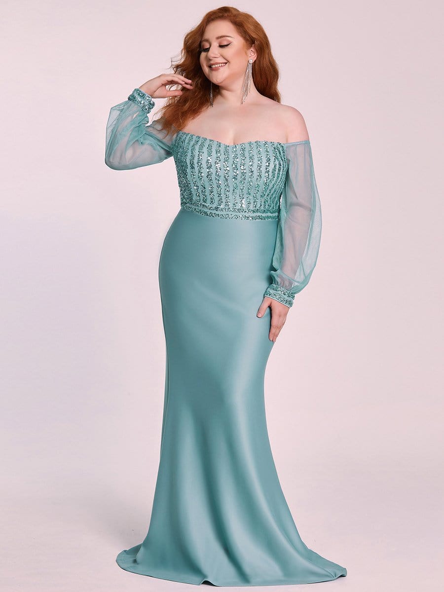 Color=Dusty Blue | Elegant Plus Size Fishtail Evening Dress with Sequin-Dusty Blue 3 Color=Dusty Blue | Elegant Plus Size Fishtail Evening Dress with Sequin-Dusty Blue 3