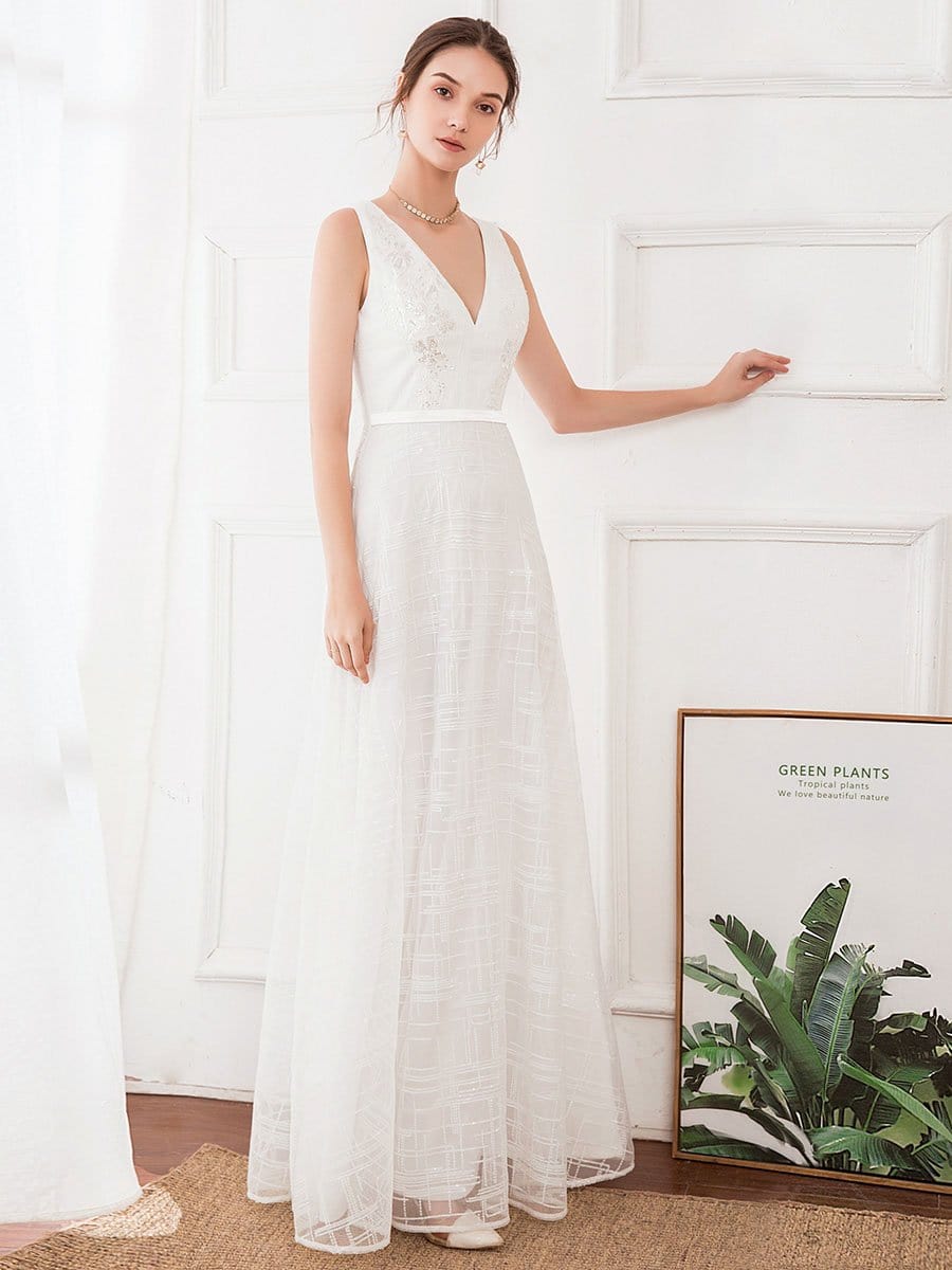 Color=White | Women'S V-Neck Sleeveless Floral Lace Wedding Dresses-White 3 Color=White | Women'S V-Neck Sleeveless Floral Lace Wedding Dresses-White 3
