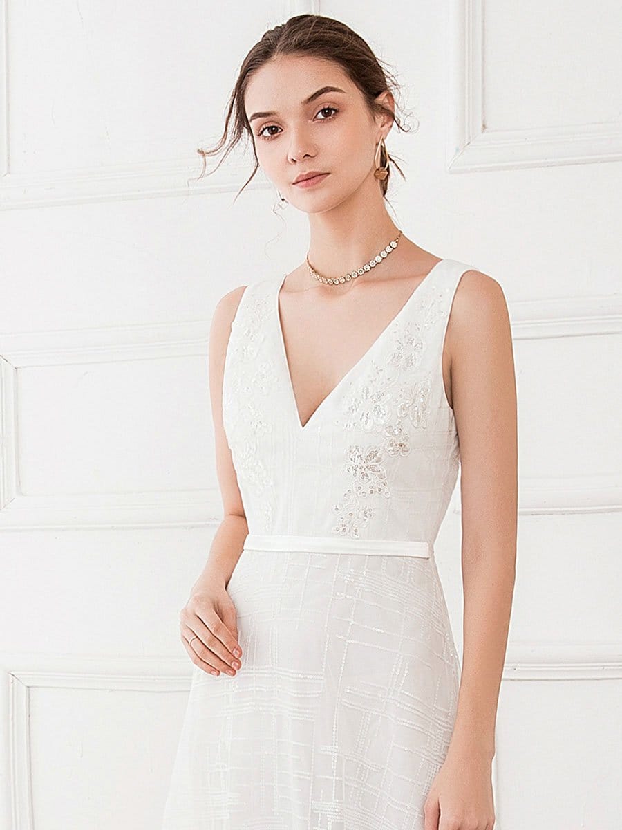 Color=White | Women'S V-Neck Sleeveless Floral Lace Wedding Dresses-White 5 Color=White | Women'S V-Neck Sleeveless Floral Lace Wedding Dresses-White 5