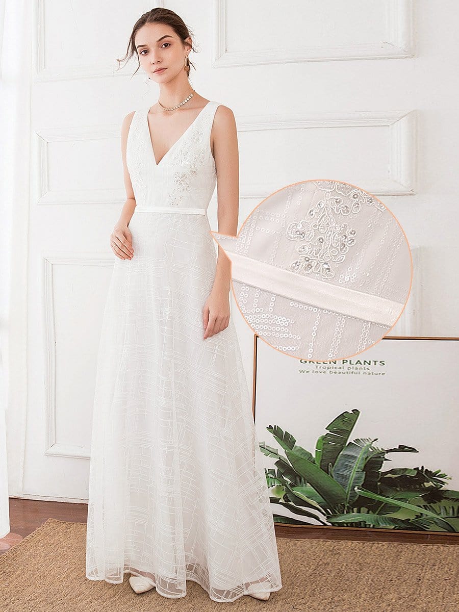 Color=White | Women'S V-Neck Sleeveless Floral Lace Wedding Dresses-White 7 Color=White | Women'S V-Neck Sleeveless Floral Lace Wedding Dresses-White 7