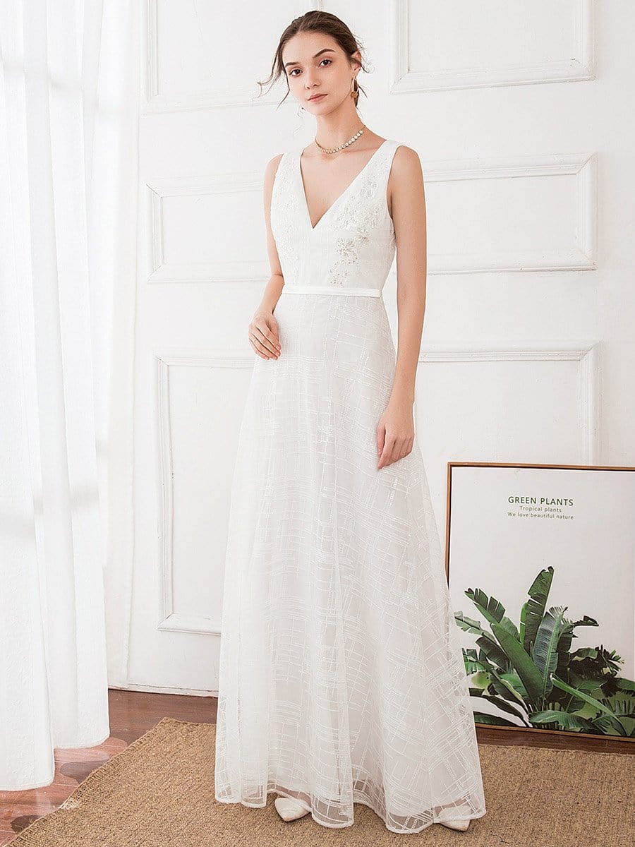 Color=White | Women'S V-Neck Sleeveless Floral Lace Wedding Dresses-White 1 Color=White | Women'S V-Neck Sleeveless Floral Lace Wedding Dresses-White 1