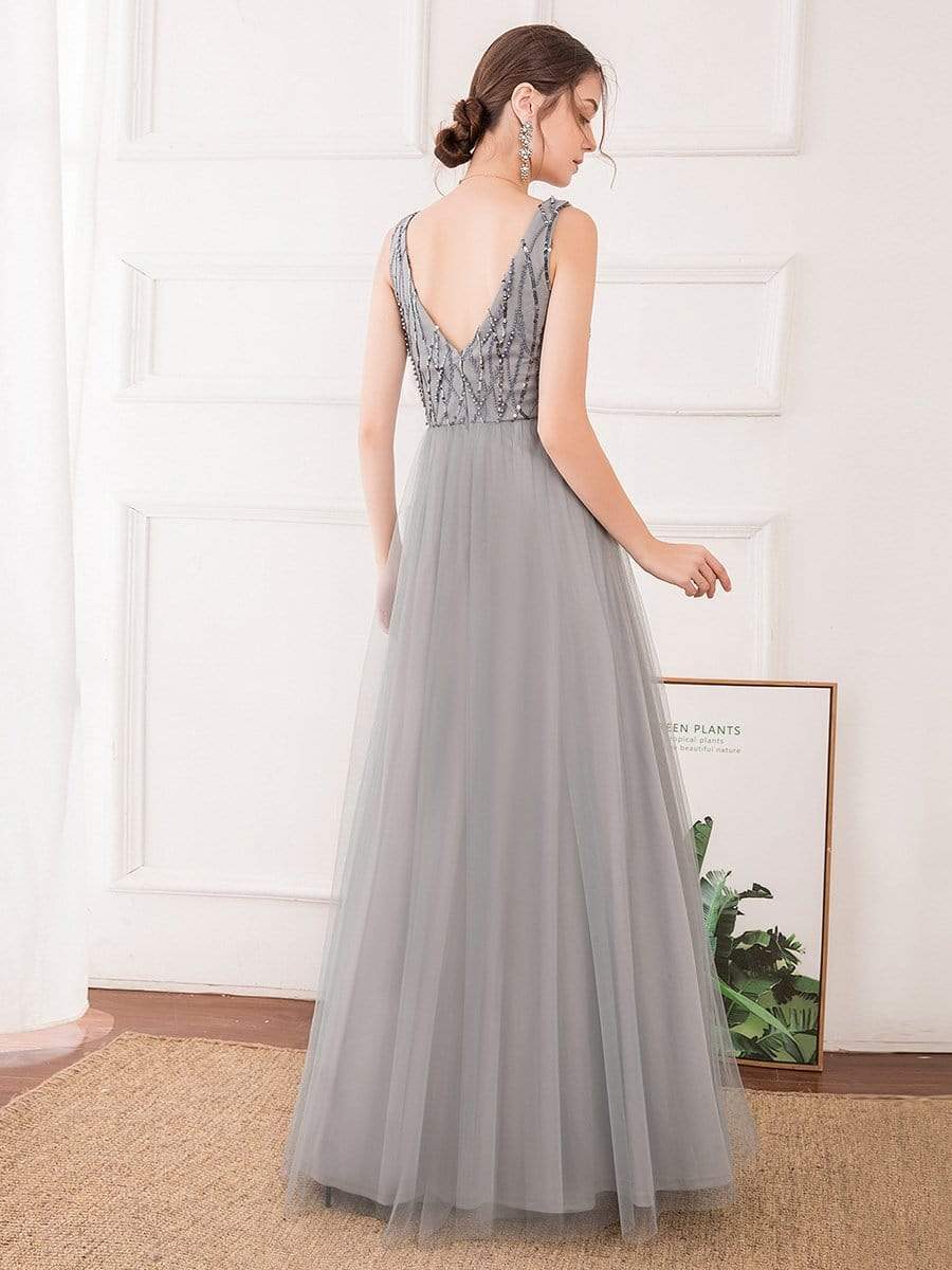 Color=Grey | Elegant V Neck Sleeveless Patchwork Evening Prom Dresses-Grey 2 Color=Grey | Elegant V Neck Sleeveless Patchwork Evening Prom Dresses-Grey 2