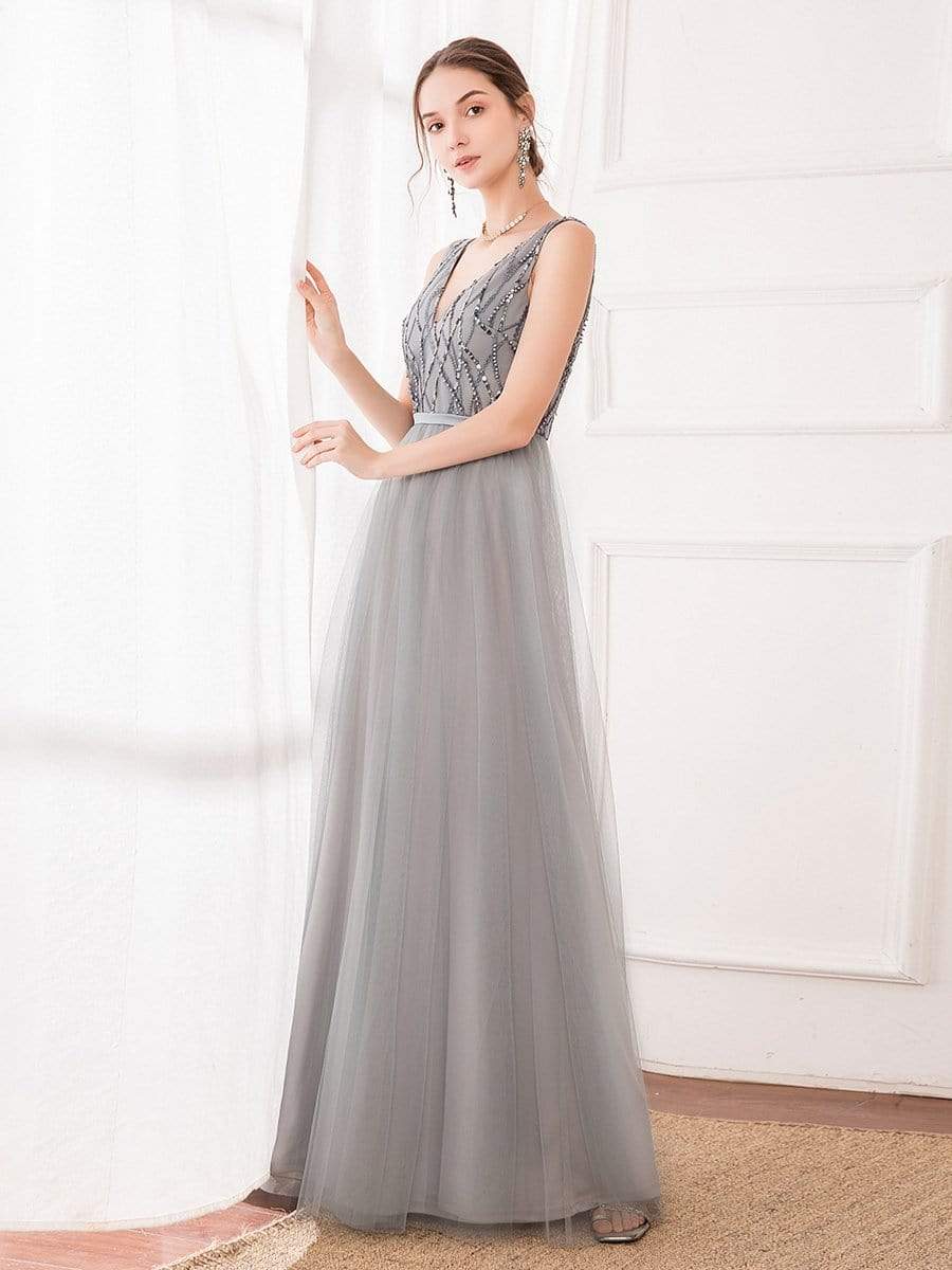 Color=Grey | Elegant V Neck Sleeveless Patchwork Evening Prom Dresses-Grey 3 Color=Grey | Elegant V Neck Sleeveless Patchwork Evening Prom Dresses-Grey 3