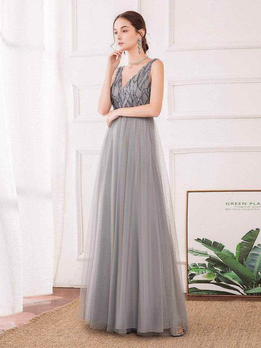 Color=Grey | Elegant V Neck Sleeveless Patchwork Evening Prom Dresses-Grey 4 Color=Grey | Elegant V Neck Sleeveless Patchwork Evening Prom Dresses-Grey 4