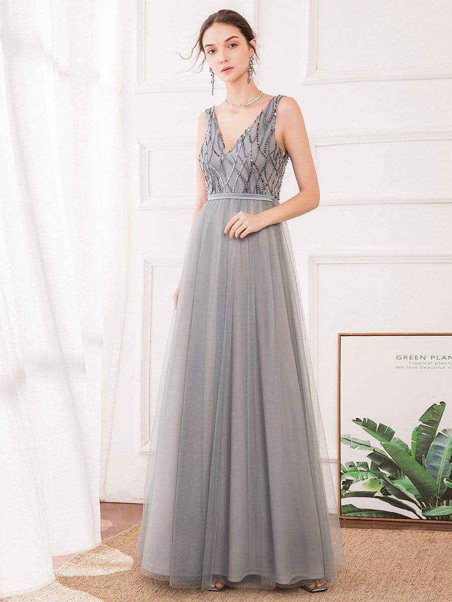 Color=Grey | Elegant V Neck Sleeveless Patchwork Evening Prom Dresses-Grey 1 Color=Grey | Elegant V Neck Sleeveless Patchwork Evening Prom Dresses-Grey 1