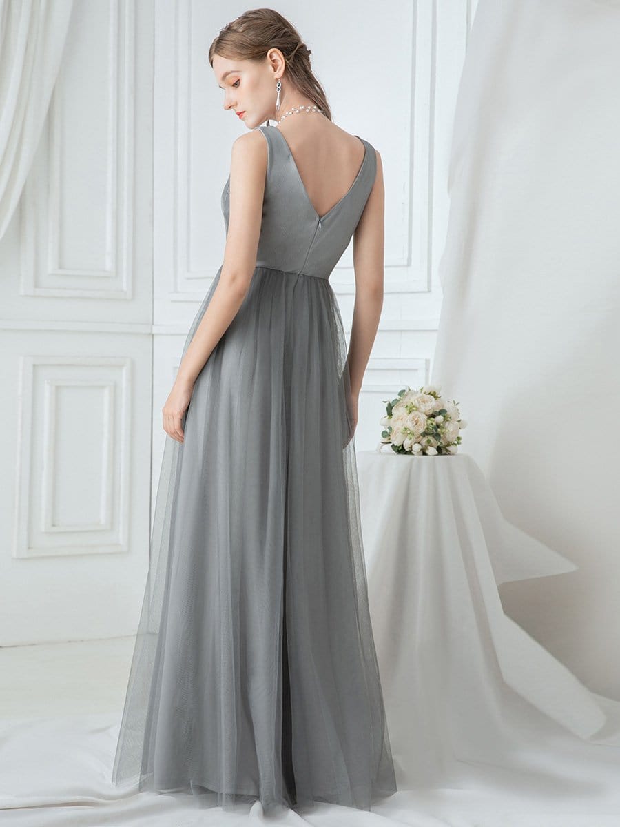 Color=Grey | Women'S V Neck Sleeveless Floor Length Tulle Evening Dress-Grey 2 Color=Grey | Women'S V Neck Sleeveless Floor Length Tulle Evening Dress-Grey 2
