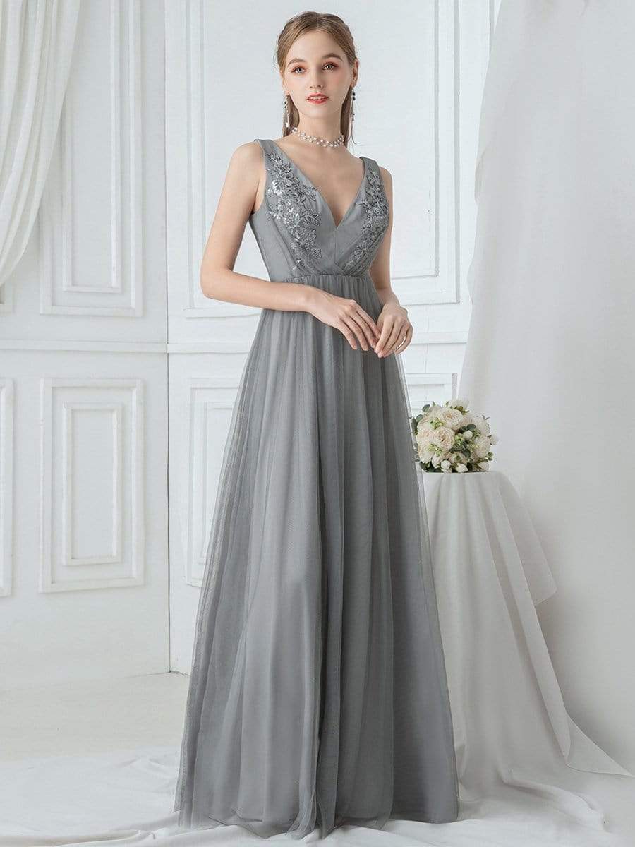 Color=Grey | Women'S V Neck Sleeveless Floor Length Tulle Evening Dress-Grey 3 Color=Grey | Women'S V Neck Sleeveless Floor Length Tulle Evening Dress-Grey 3
