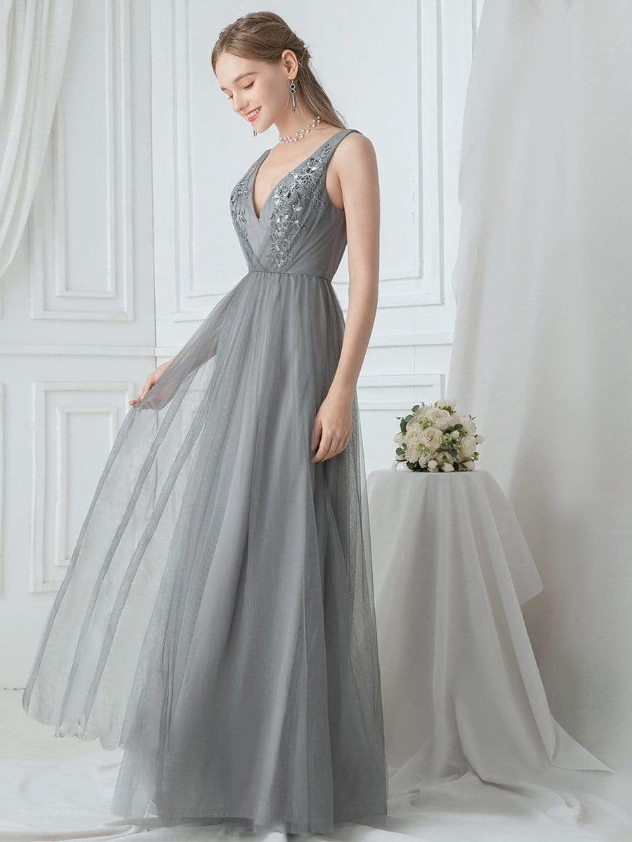 Color=Grey | Women'S V Neck Sleeveless Floor Length Tulle Evening Dress-Grey 4 Color=Grey | Women'S V Neck Sleeveless Floor Length Tulle Evening Dress-Grey 4