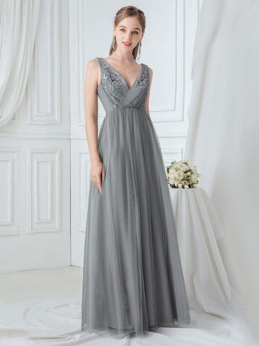 Color=Grey | Women'S V Neck Sleeveless Floor Length Tulle Evening Dress-Grey 1 Color=Grey | Women'S V Neck Sleeveless Floor Length Tulle Evening Dress-Grey 1
