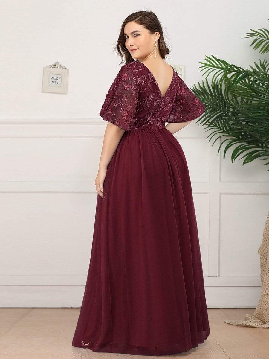 Color=Burgundy | V-Neck Ruffle Sleeve Embroidery Tulle Bridesmaid Dress-Burgundy 7 Color=Burgundy | V-Neck Ruffle Sleeve Embroidery Tulle Bridesmaid Dress-Burgundy 7