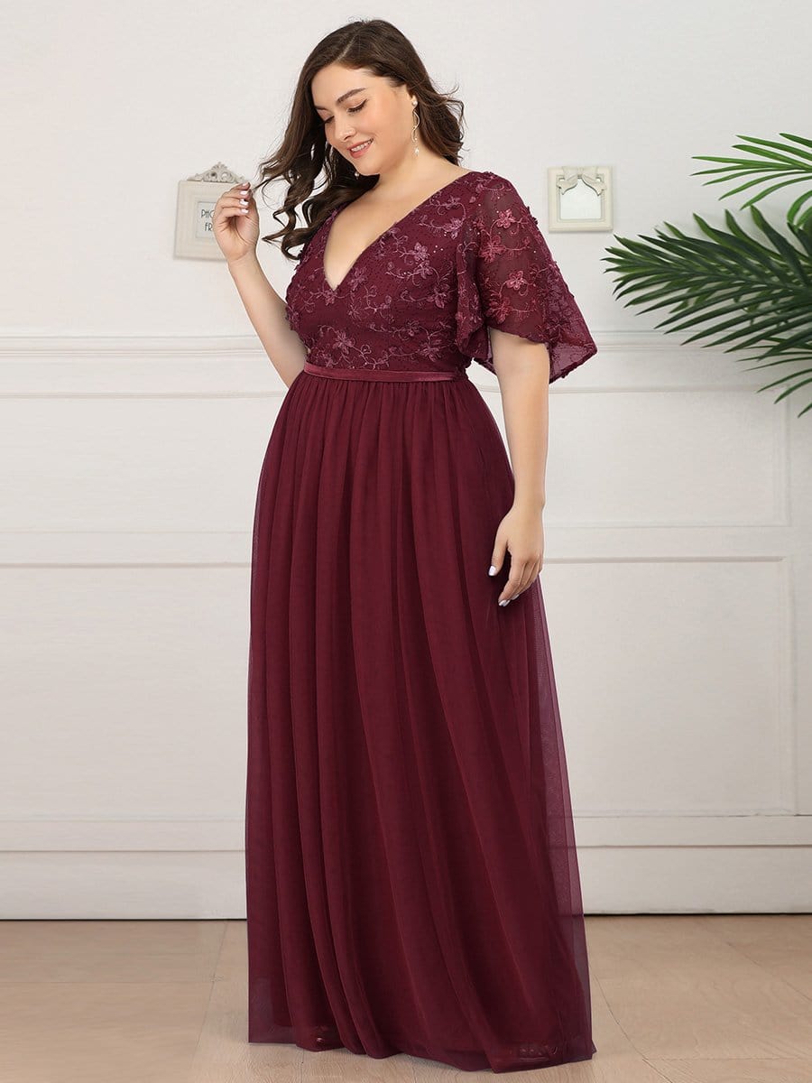 Color=Burgundy | Plus Size V-Neck Ruffle Sleeve Embroidery Tulle Bridesmaid Dress-Burgundy 8 Color=Burgundy | Plus Size V-Neck Ruffle Sleeve Embroidery Tulle Bridesmaid Dress-Burgundy 8