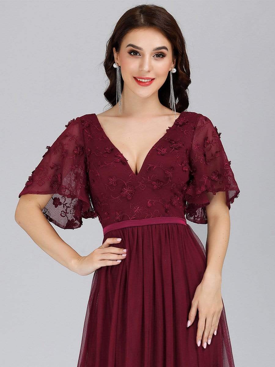 Color=Burgundy | V-Neck Ruffle Sleeve Embroidery Tulle Bridesmaid Dress-Burgundy 15 Color=Burgundy | V-Neck Ruffle Sleeve Embroidery Tulle Bridesmaid Dress-Burgundy 15