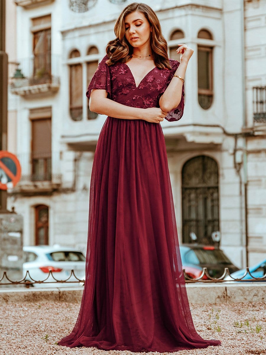 V-Neck Floral Embroidery Tulle Bridesmaid Dress with Ruffle Sleeve V-Neck Floral Embroidery Tulle Bridesmaid Dress with Ruffle Sleeve