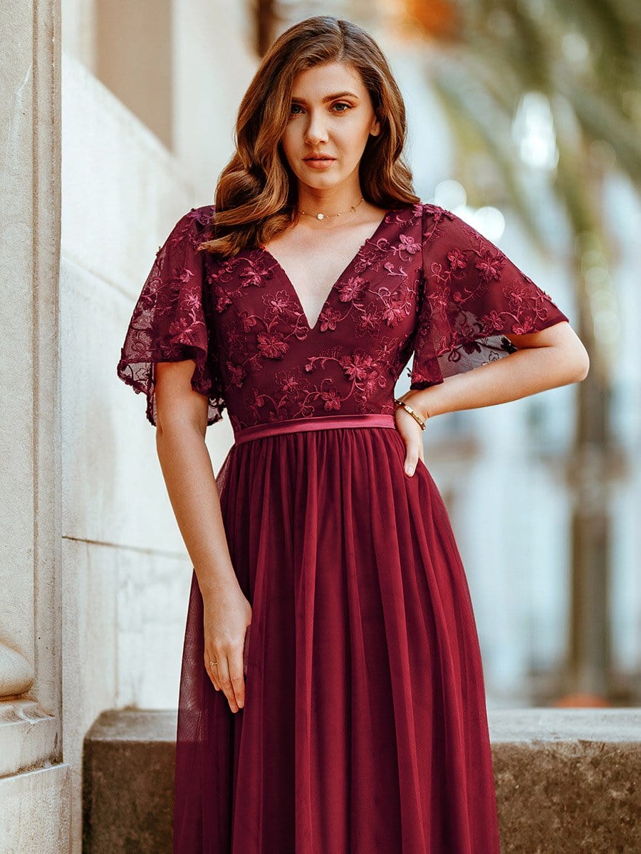 V-Neck Floral Embroidery Tulle Bridesmaid Dress with Ruffle Sleeve V-Neck Floral Embroidery Tulle Bridesmaid Dress with Ruffle Sleeve