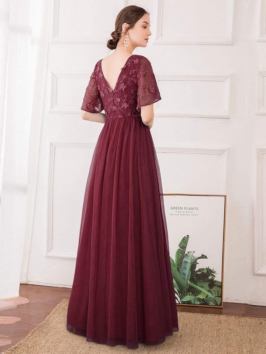 Color=Burgundy | V-Neck Ruffle Sleeve Embroidery Tulle Bridesmaid Dress-Burgundy 2 Color=Burgundy | V-Neck Ruffle Sleeve Embroidery Tulle Bridesmaid Dress-Burgundy 2