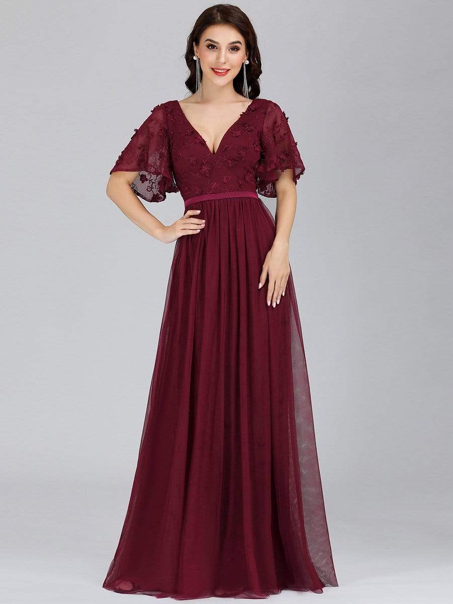 Color=Burgundy | V-Neck Ruffle Sleeve Embroidery Tulle Bridesmaid Dress-Burgundy 11 Color=Burgundy | V-Neck Ruffle Sleeve Embroidery Tulle Bridesmaid Dress-Burgundy 11