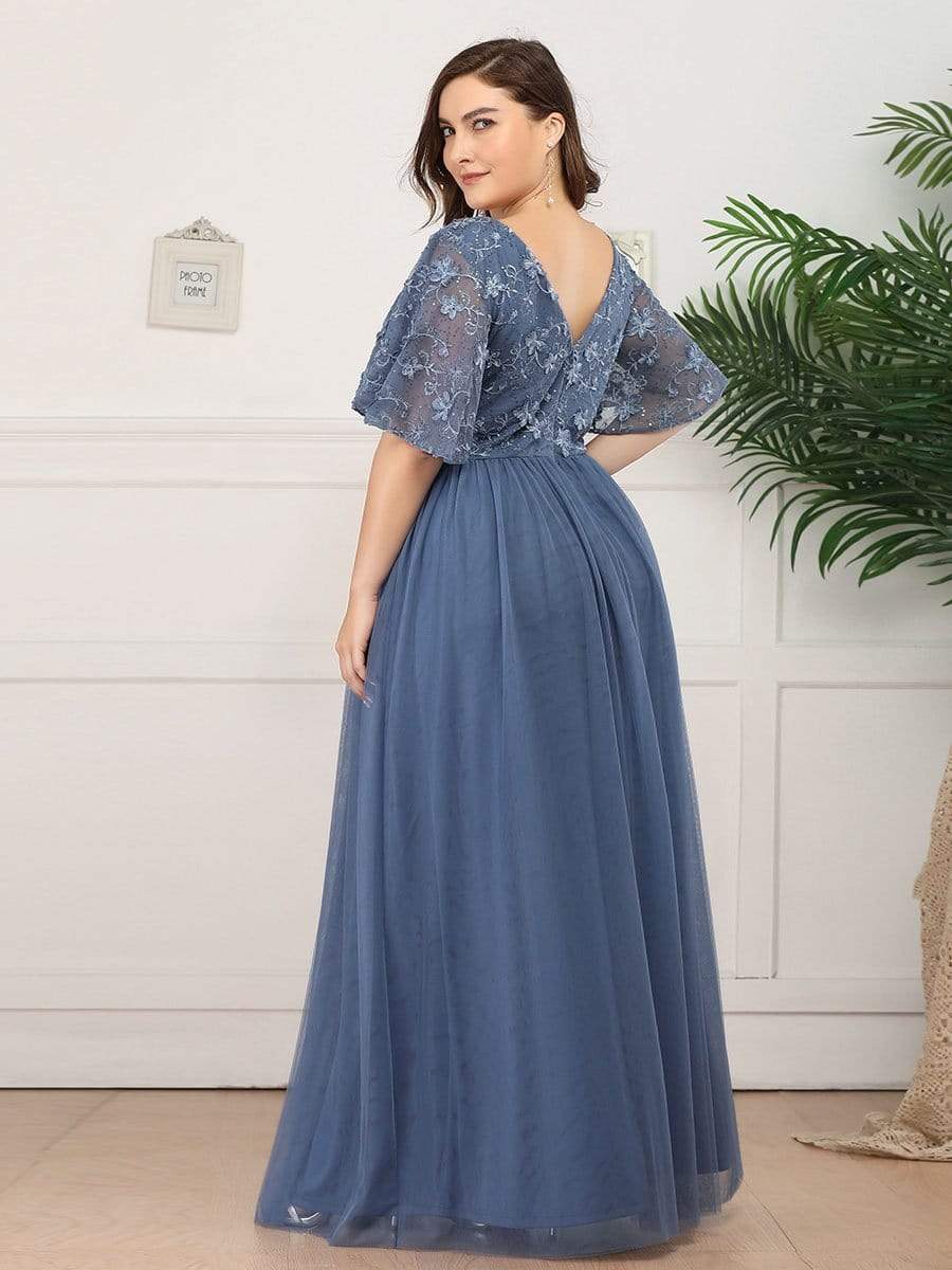 Color=Dusty Navy | V-Neck Ruffle Sleeve Embroidery Tulle Bridesmaid Dress-Dusty Navy 7 Color=Dusty Navy | V-Neck Ruffle Sleeve Embroidery Tulle Bridesmaid Dress-Dusty Navy 7