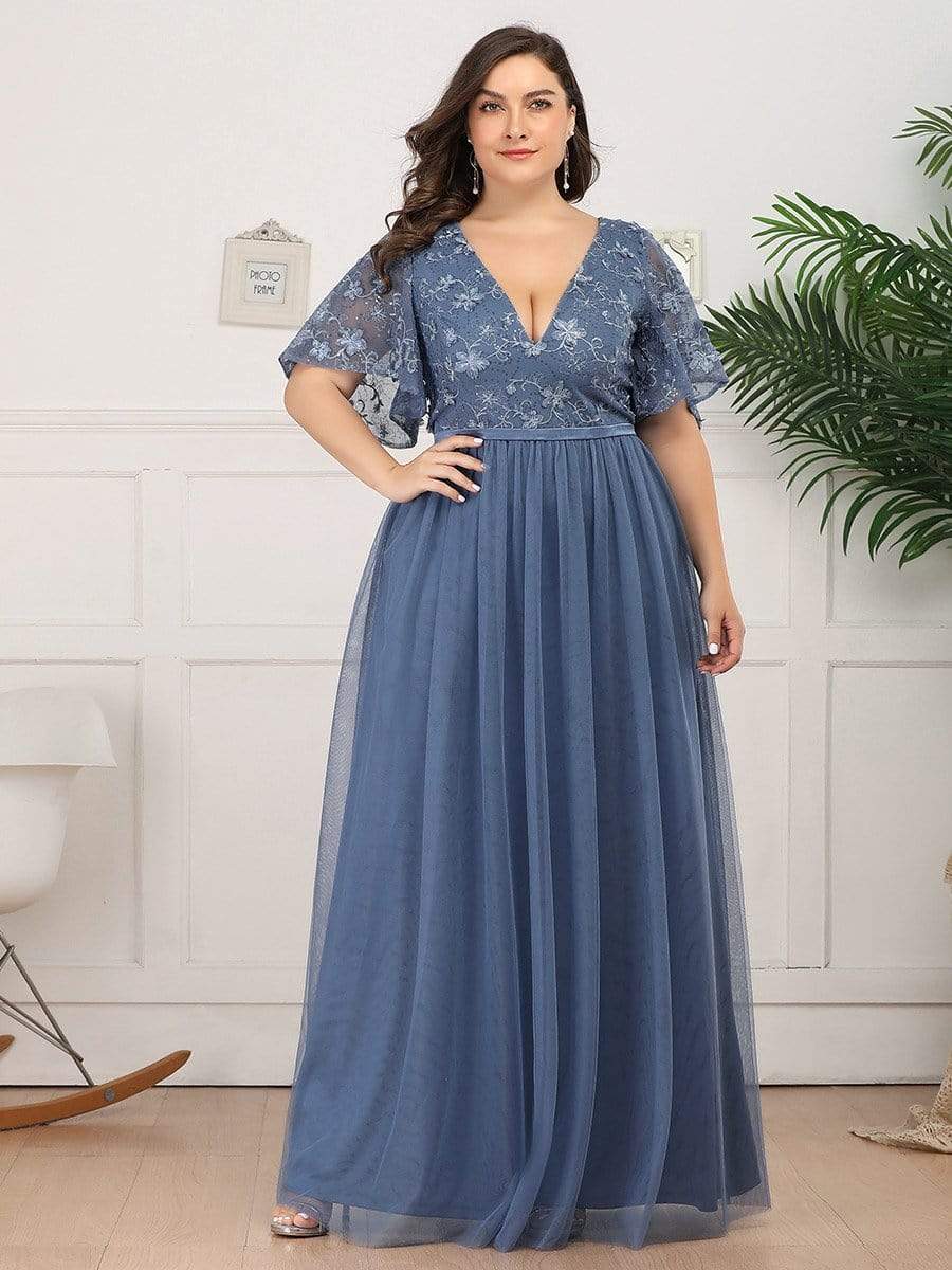 Color=Dusty Navy | Plus Size V-Neck Ruffle Sleeve Embroidery Tulle Bridesmaid Dress-Dusty Navy 4 Color=Dusty Navy | Plus Size V-Neck Ruffle Sleeve Embroidery Tulle Bridesmaid Dress-Dusty Navy 4
