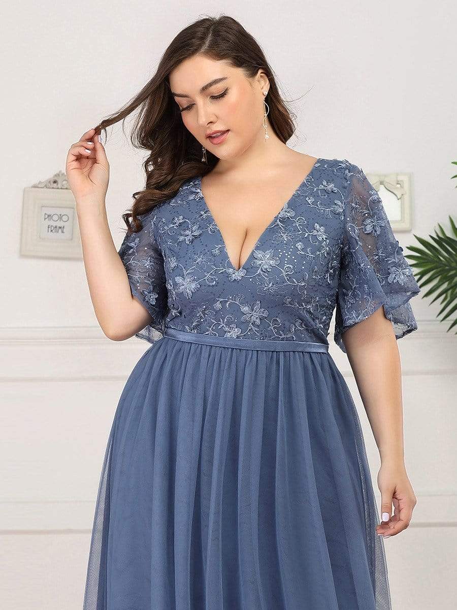 Color=Dusty Navy | Plus Size V-Neck Ruffle Sleeve Embroidery Tulle Bridesmaid Dress-Dusty Navy 5 Color=Dusty Navy | Plus Size V-Neck Ruffle Sleeve Embroidery Tulle Bridesmaid Dress-Dusty Navy 5
