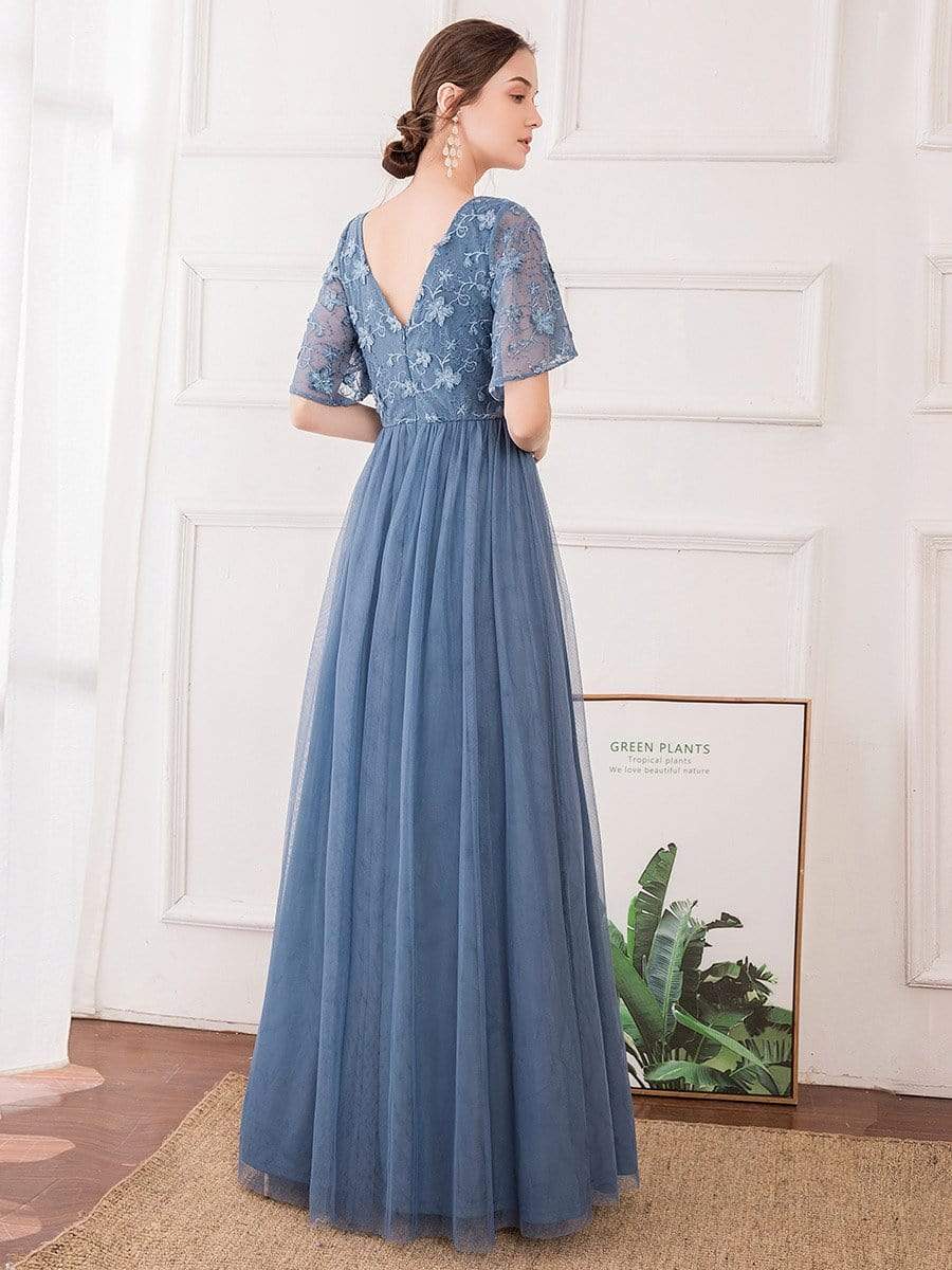Color=Dusty Navy | V-Neck Ruffle Sleeve Embroidery Tulle Bridesmaid Dress-Dusty Navy 2 Color=Dusty Navy | V-Neck Ruffle Sleeve Embroidery Tulle Bridesmaid Dress-Dusty Navy 2