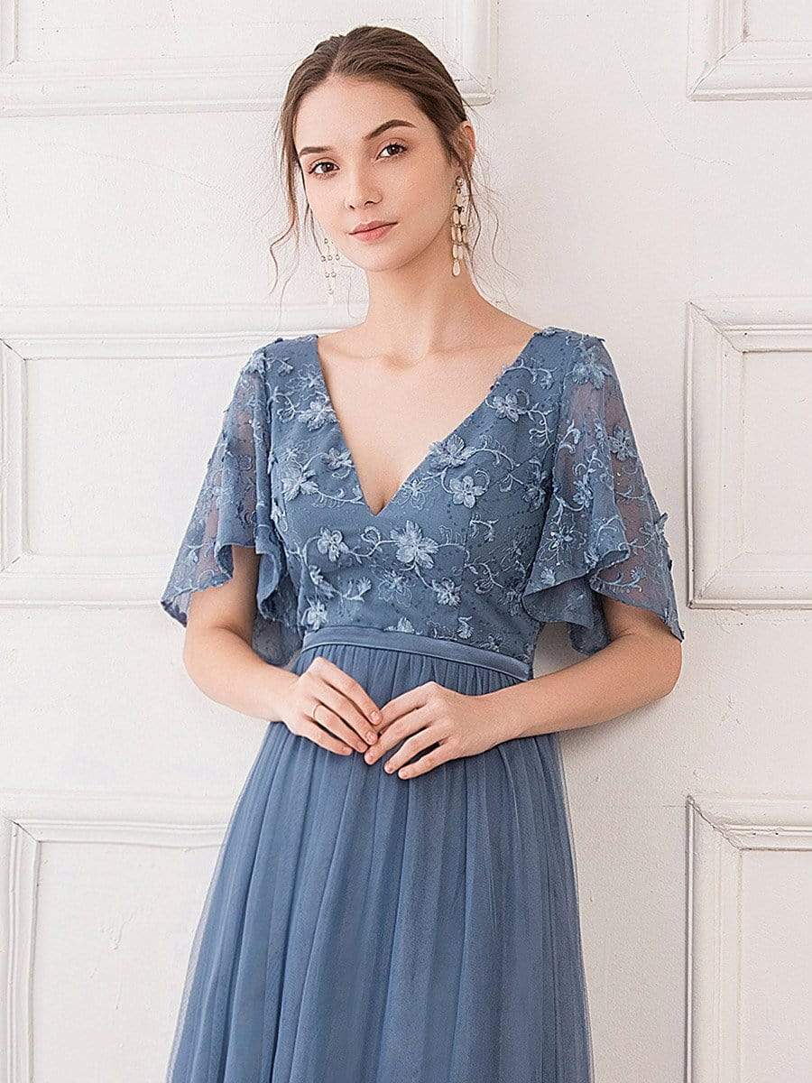 Color=Dusty Navy | V-Neck Ruffle Sleeve Embroidery Tulle Bridesmaid Dress-Dusty Navy 5 Color=Dusty Navy | V-Neck Ruffle Sleeve Embroidery Tulle Bridesmaid Dress-Dusty Navy 5
