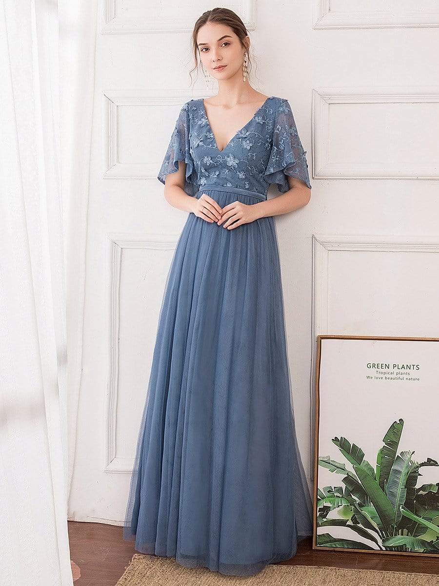 Color=Dusty Navy | V-Neck Ruffle Sleeve Embroidery Tulle Bridesmaid Dress-Dusty Navy 1 Color=Dusty Navy | V-Neck Ruffle Sleeve Embroidery Tulle Bridesmaid Dress-Dusty Navy 1
