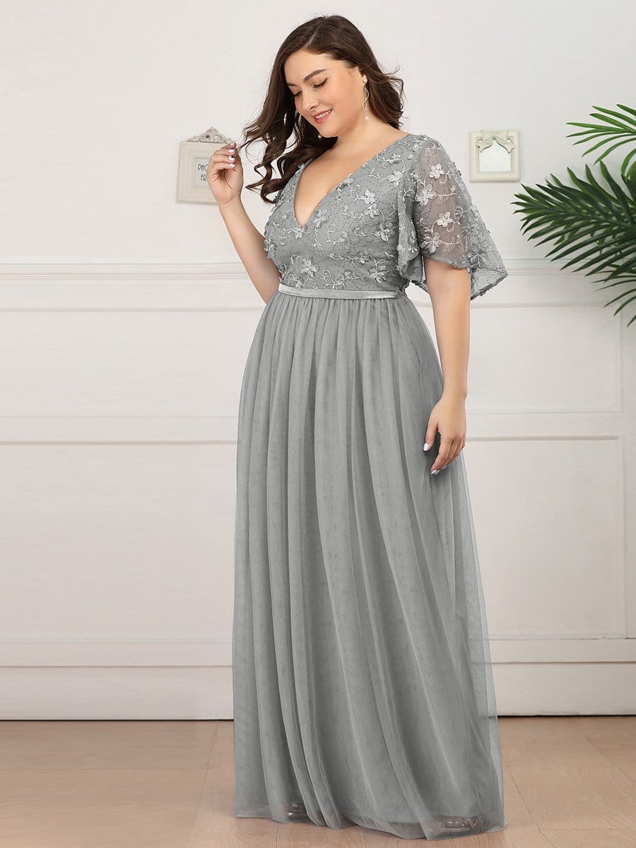 Color=Grey | Plus Size V-Neck Ruffle Sleeve Embroidery Tulle Bridesmaid Dress-Grey 8 Color=Grey | Plus Size V-Neck Ruffle Sleeve Embroidery Tulle Bridesmaid Dress-Grey 8