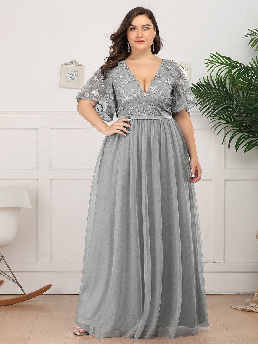 Color=Grey | Plus Size V-Neck Ruffle Sleeve Embroidery Tulle Bridesmaid Dress-Grey 9 Color=Grey | Plus Size V-Neck Ruffle Sleeve Embroidery Tulle Bridesmaid Dress-Grey 9