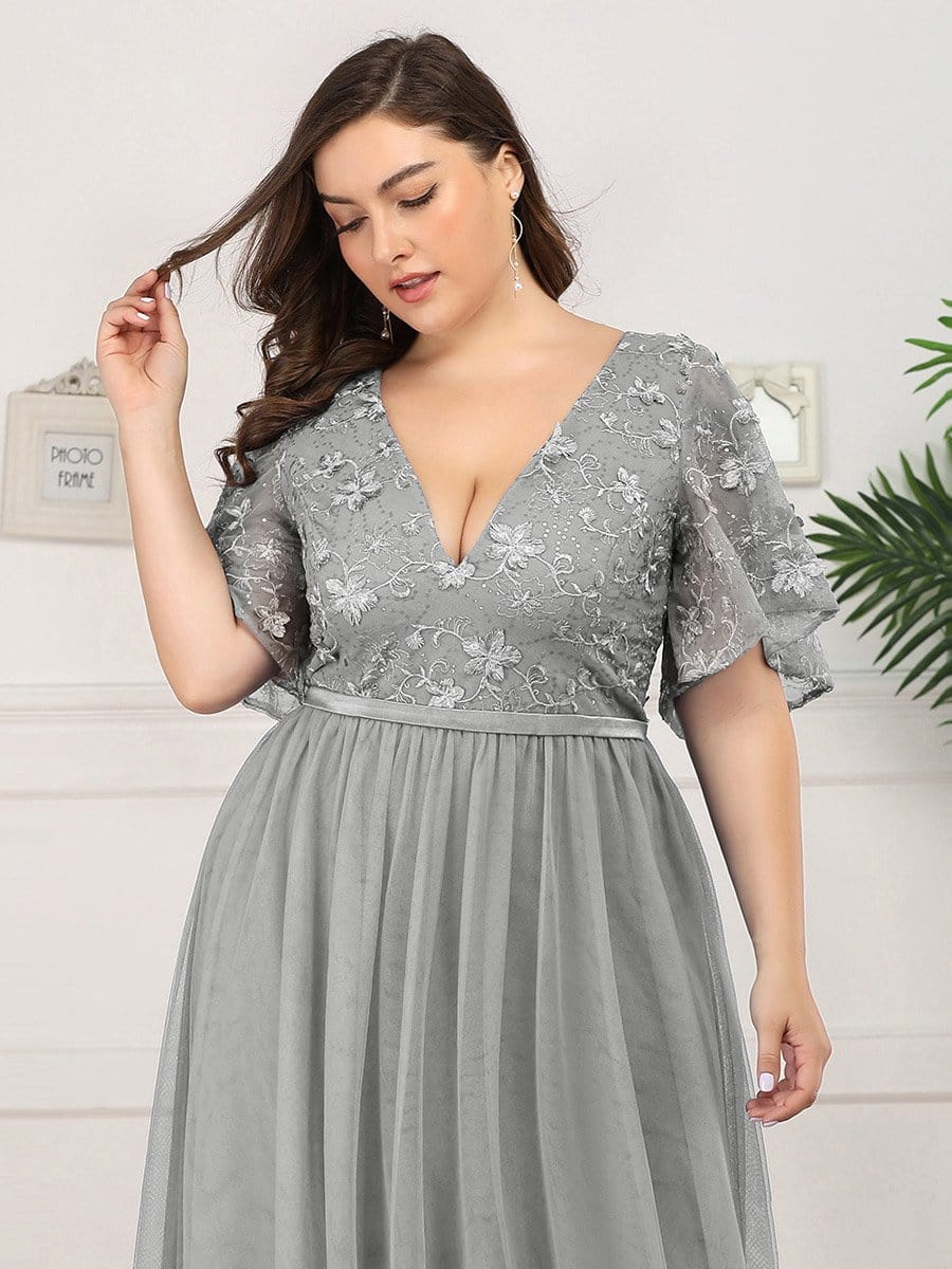 Color=Grey | Plus Size V-Neck Ruffle Sleeve Embroidery Tulle Bridesmaid Dress-Grey 10 Color=Grey | Plus Size V-Neck Ruffle Sleeve Embroidery Tulle Bridesmaid Dress-Grey 10