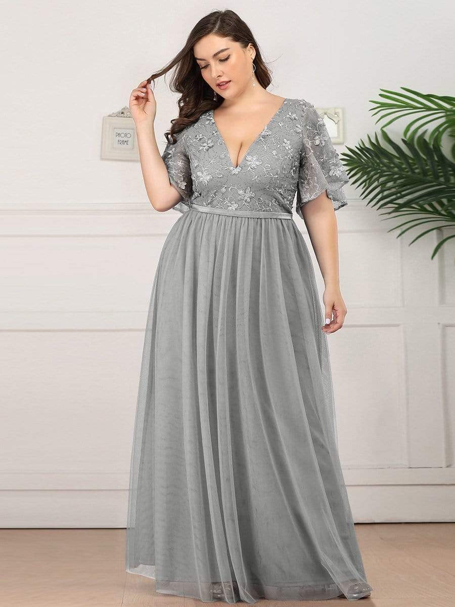 Color=Grey | V-Neck Ruffle Sleeve Embroidery Tulle Bridesmaid Dress-Grey 6 Color=Grey | V-Neck Ruffle Sleeve Embroidery Tulle Bridesmaid Dress-Grey 6