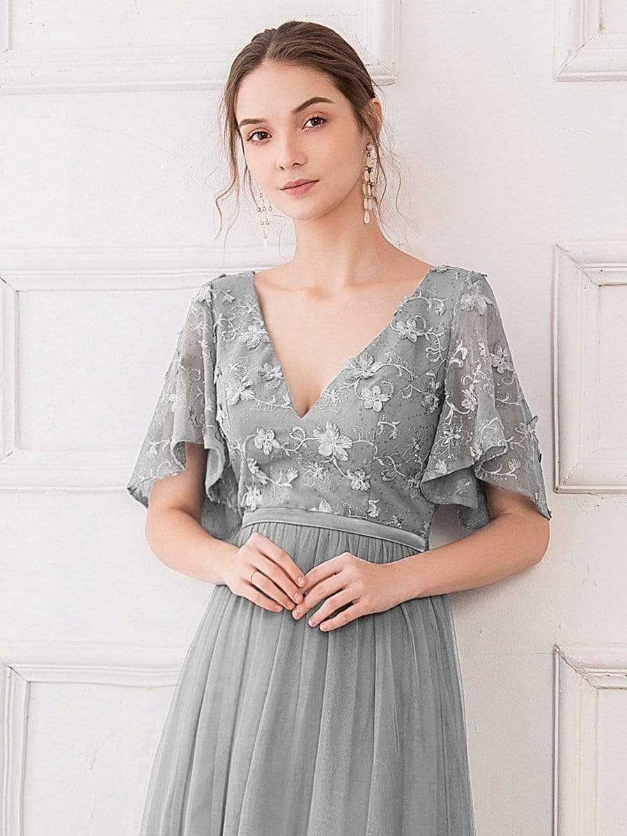 Color=Grey | V-Neck Ruffle Sleeve Embroidery Tulle Bridesmaid Dress-Grey 5 Color=Grey | V-Neck Ruffle Sleeve Embroidery Tulle Bridesmaid Dress-Grey 5